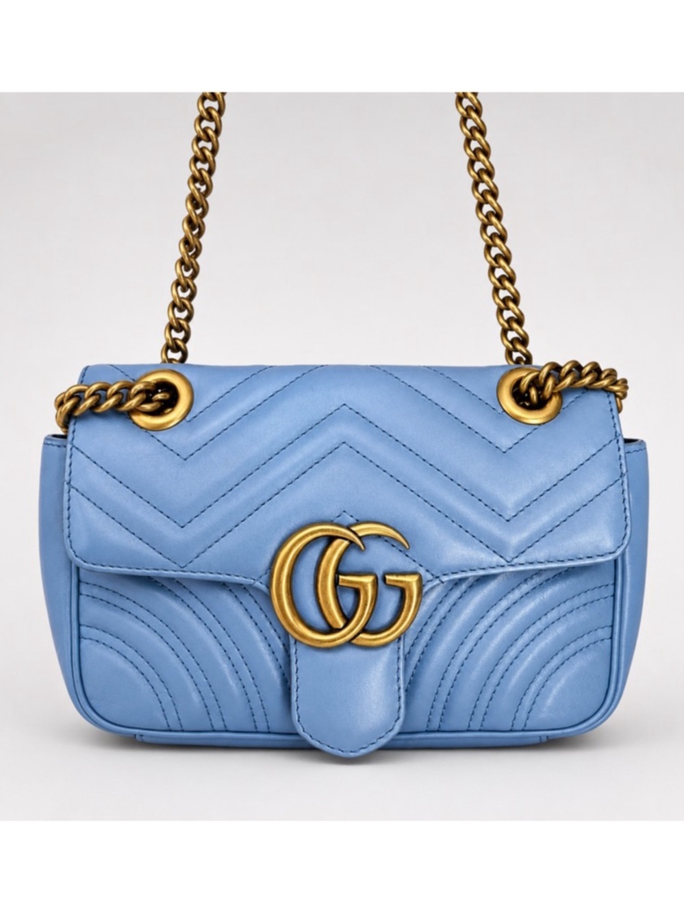 Gucci GG Marmont Small Flap Pastel Blue Matelassé Leather Crossbody COA